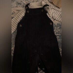 Black Corduroy Overalls with Striped Shirt